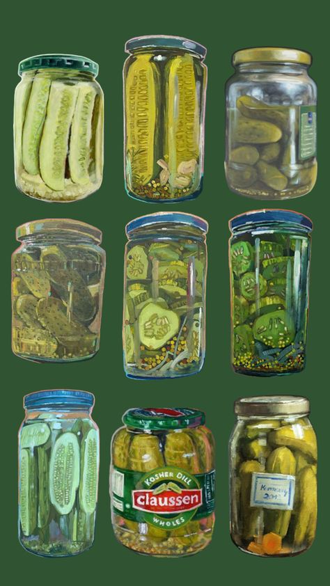 #painted #pickles #collage #aesthetic Pickle Wallpaper, Pickle Jars, Vintage Poster Art, Room Posters, Funky Art, Wall Collage, Food Art, Collage Art, Pickles