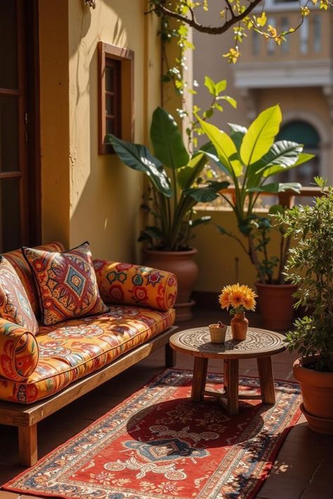 Transform your Apartment Patio Decor or Narrow Balcony into a vibrant oasis!  This Small Patio Decorating Ideas features an eclectic Indian-inspired design with a low daybed, colorful textiles, and potted plants. Perfect for small spaces. Low Daybed, Small Patio Furniture Ideas, Narrow Balcony, Small Patio Decorating Ideas, Small Patio Decor, Small Patio Furniture, Colorful Textiles, Mudroom Design, Apartment Patio Decor