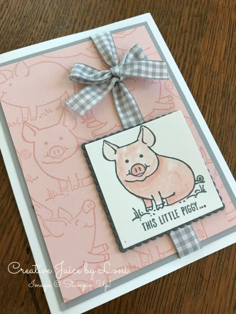 Gingham and Pig Tails – Creative Juice by Loni Stampin Up Catalog, This Little Piggy, Card Making Tutorials, Pink And Gray, Stamping Up Cards, Animal Cards, Little Pigs, Card Layout, Creative Cards