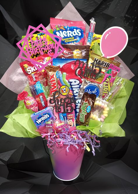 🍭You will receive the exact Sweet 15 Quinceanera candy bouquet pictured. Your fun and festive Birthday candy bouquet will come cellophane wrapped with a beautiful matching bow and ribbons!! Bouquet measures 17 inches tall. Bouquet includes 22 individually wrapped pieces of candy including,     a full size airhead ropes,     skittles, gummy nerds,     gummy bears, twix,     Mnms, milky way     laffy taffy, sour patch and much more. Surprise someone special with a unique custom Birthday candy bou Gummy Nerds, Gummy Bouquet, Item Bouquet, Bouquet Of Candy, Sweet 16 Gift Ideas, Tall Bouquet, Target Candy, Candy Birthday Cards, Birthday Candy Bouquet