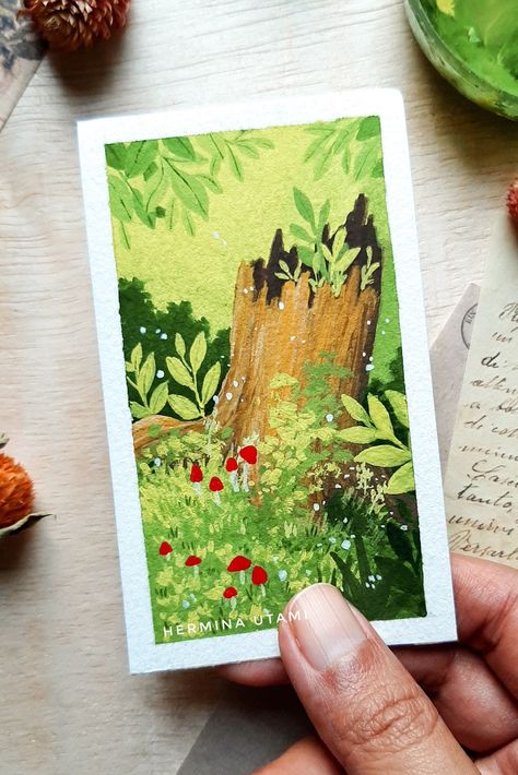 Gouache Mushroom Painting, Fantasy Gouache, Painting Aesthetics, Pencil Colour Painting, Polaroid Painting, Forest Watercolor, Painting References, Watercolor Art Journal, Watercolor Gouache