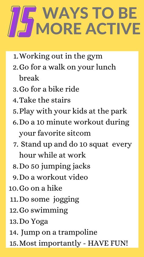 Looking for ways to get more active throughout the day? How about 15 of them?! Check out these awesome ideas and start to get more activity in your day! How To Be Active All Day, Active Activities, How To Be Active, How To Make Workouts Fun, Be More Active, Active Things To Do, How To Be Active Everyday, How To Be More Athletic, How To Get Up Early And Workout