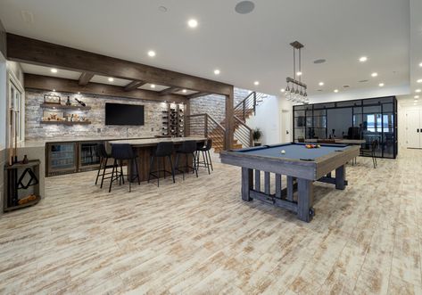 Open Concept Basement With Gym, Finished Basement With Gym, Open Concept Basement Ideas, Basement Bar Island, Basement Open Concept, Basement Layouts, Basement Bar Area, Nana Wall, Open Basement