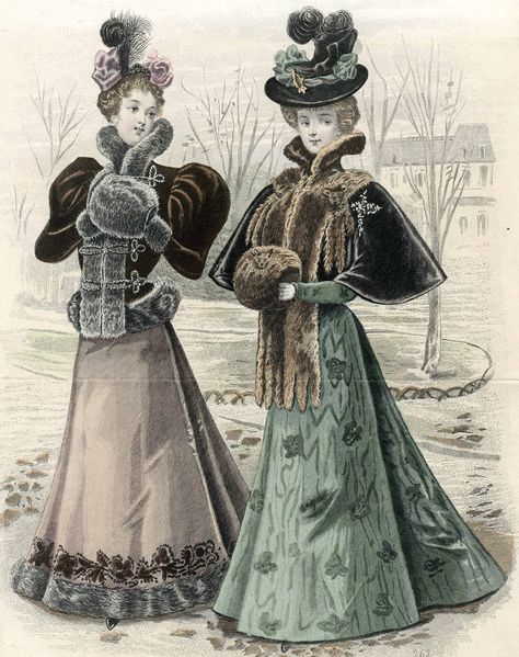 Victorian Fashion - 1893 to 1896 Lady Bracknell, Victorian Winter, Victorian Era Fashion, 1890s Fashion, Bijoux Art Nouveau, Victorian Paintings, 1800s Fashion, Winter Pins, Victorian Costume