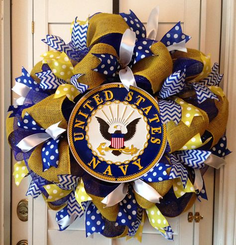 United States Navy Deco Mesh Wreath - Blue/Gold/White Us Navy Wreath, Navy Wreath, Navy Crafts, Mesh Crafts, Army Crafts, Military Wreath, Patriotic Centerpieces, Patriotic Wreaths, Nautical Wreath