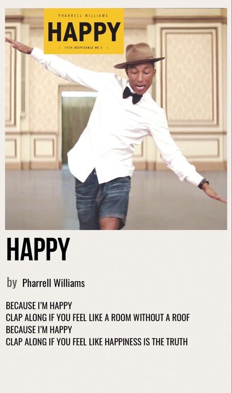 Happy Pharrell Williams Spotify, Happy By Pharrell Williams, Pharrell Williams Happy Song, Pharrell Williams Poster, Tier Ranking, Happy Pharrell Williams, Song Cards, Pharrell Williams Happy, Vibrate Higher