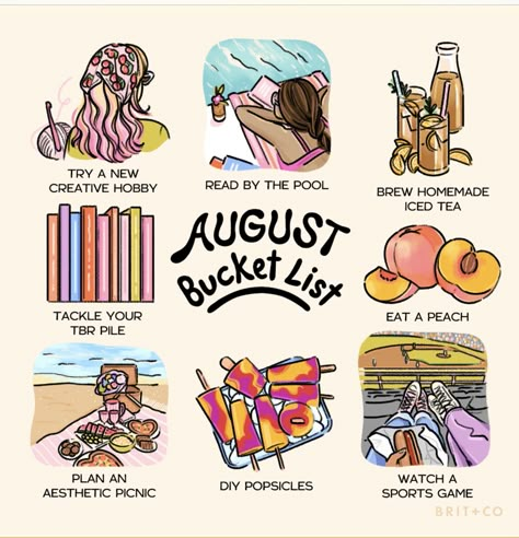 12 Month Activities, August Aesthetic Month, July Bucket List, Cute Bucket List, Things To Do Each Month, August Bucket List, Monthly Bucket List, Decorating Pages, Summer Journaling