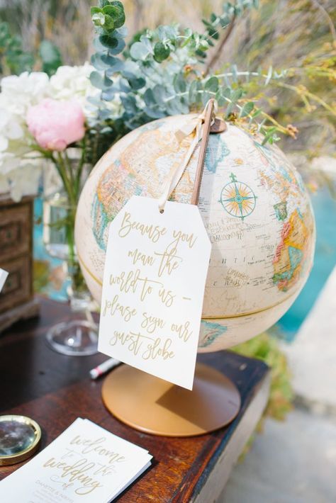 travel themed wedding at Mountain Mermaid, globe guest sign in book Fall Brunch Wedding, Fairytale Wedding Theme, Travel Themed Wedding, Wedding Table Themes, Fall Brunch, Wedding Guest Books, Vintage Wedding Theme, Travel Theme Wedding, Have Inspiration