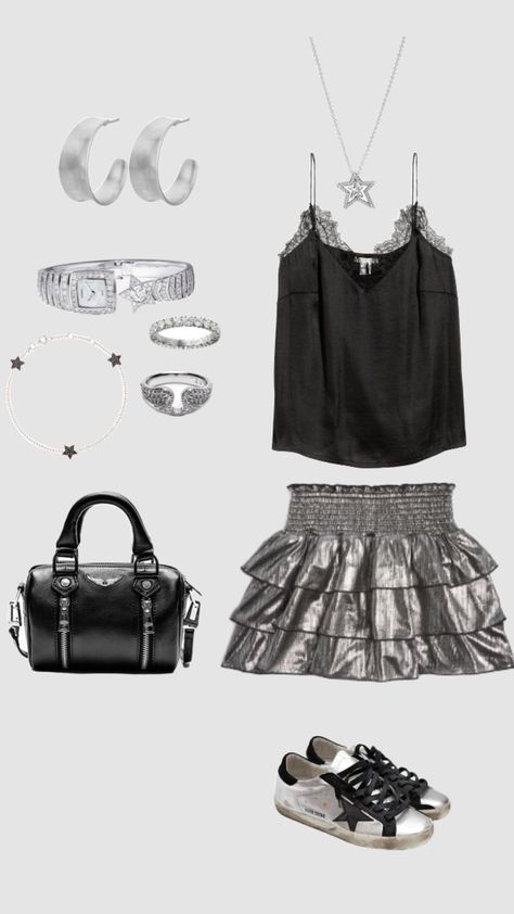 #outfitinspo #beauty #stargirl #goldengoose #silver #outfit Stargirl Aesthetic Dress, Silver Skirt Aesthetic, Stargirl Summer Outfit, Stargirl Everyday Outfits, Star Themed Outfits, Stargirl Aesthetic Outfits, Star Girl Outfit, Star Girl Dress To Impress Theme, Girls Night Outfit