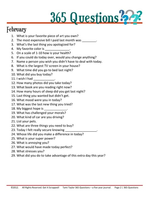 365 Questions – February 2/12 A Question A Day, Bullet Journal Calendrier, 365 Questions, 5 Year Journal, Daily Questions, Year Journal, Monthly Journal, Journal Questions, 30 Day Challenges