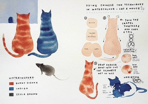 Chinese Watercolor, 5 Cats, Learn Watercolor Painting, Ink Techniques, Boho Art Drawings, Watercolor Calligraphy, Learn Watercolor, Watercolor Projects, Diy Watercolor Painting