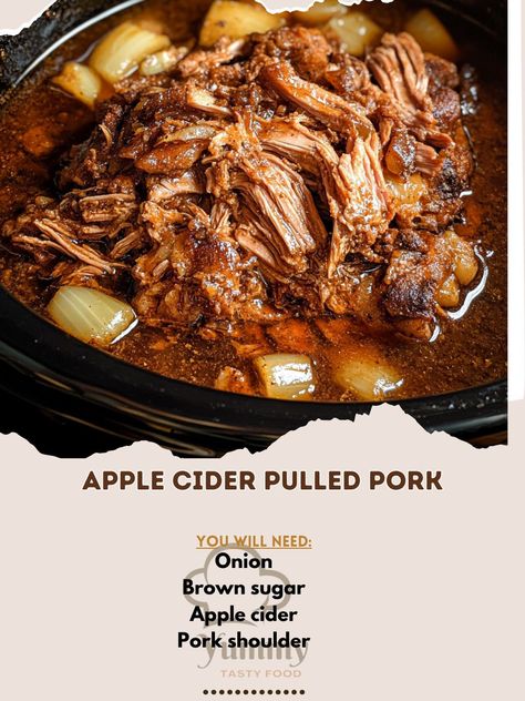 🍏🍖 Savor the deliciousness of Apple Cider Pulled Pork! A perfect balance of sweet and savory, ideal for gatherings! #PulledPork Apple Cider Pulled Pork Ingredients: Pork shoulder (3-4 lbs) Apple cider (1 cup) Brown sugar (1/4 cup) Onion (1, sliced) Garlic (4 cloves, minced) Apple cider vinegar (1/4 cup) Paprika (1 tbsp) Salt (1 tsp) Black pepper (1/2 tsp) Instructions: Place sliced onion at the bottom of a slow cooker. In a bowl, mix apple cider, brown sugar, vinegar, garlic, paprika, sal... Pork And Cider Recipes, Apple Cider Meatballs, Cider Pulled Pork, Apple Cider Pulled Pork, Cozy Fall Recipes, Sliced Onion, Autumn Dinner, Apple Pork, Pork Bacon