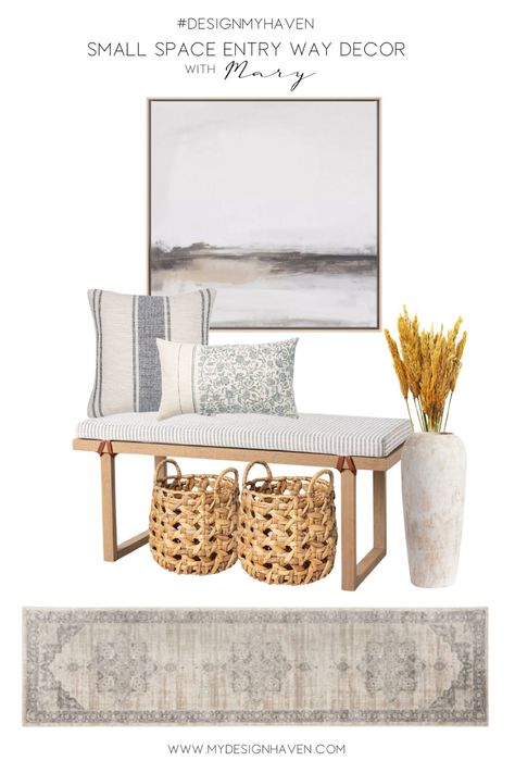 Entry Bench With Pillows, Entry Bench Ideas Small Spaces, Small Bench Styling, Entryway Bench Small Entrance, Bench Seat In Living Room, Bench Seat Styling, Entryway Pillows Entry Bench, Bench Area In Living Room, Bench With Artwork Above