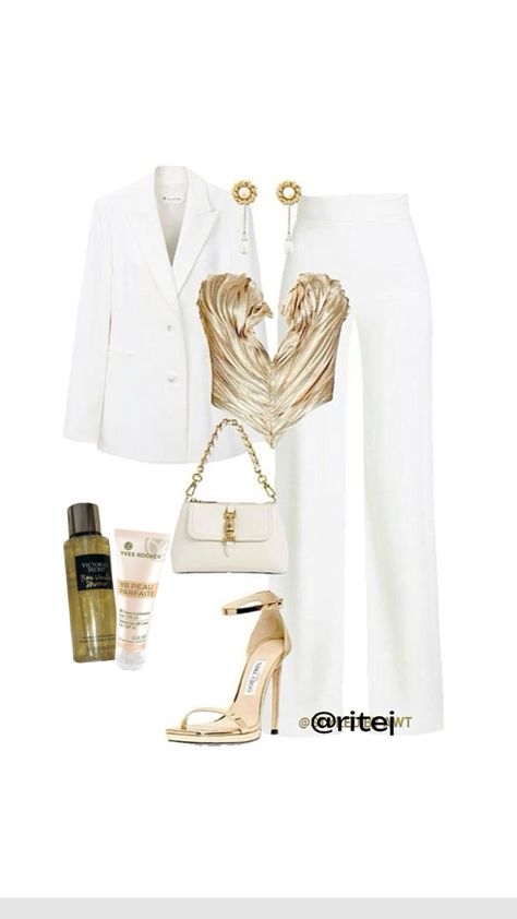 @ritej White And Gold Aesthetic Outfit, Zara Classy Outfit, All White Night Out Outfit, Gold Outfits For Women Classy, Black White And Gold Outfit, Expensive Outfits, Luxury Outfit, Chique Outfit, Glam Outfit