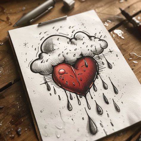 Crying Heart Professional Tattoo Kit One Love Tattoo Design, Heart With Pins Tattoo, New School Heart Tattoo Designs, Heart Of Stone Tattoo, Things To Draw Tattoo, Sillouette Art Tattoos, Knife In Heart Tattoo, Romantic Drawings For Him, Disney Tattoo Drawings