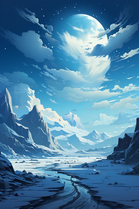 Landscapes Realistic Digital Style arctic icefields with glaciers slowly moving Arctic Aesthetic, Arctic Illustration, Natural Place, Arctic Landscape, Comic Cover, Canvas Drawings, Island Art, Winter Wallpaper, Mountain Scene