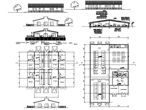 2d design drawings of cattle shade plan elevation and section dwg file that shows cattle shade area plan details along with elevation and sectional details. Roofing structure is provided at ceiling with dimension details. Farm Plans Layout Design, Cow Shed Design, Cattle Housing, Animal Farming, Pig Showing, Farm Building, Plan Elevation, Cattle Barn, Cow Shed