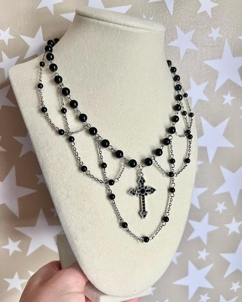 ‘Grim Reaper’ Necklace made with black onyx beads, stainless steel findings, and stainless steel chain 20in + 2in extension chain available now, link in bio #explorepage #gothic #cross #necklace Gothic Necklace Diy, Gothic Cross Necklace, Gothic Jewelry Diy, Goth Necklace, Gothic Cross, Goth Jewelry, Gothic Accessories, Beaded Cross, Diy Wire Jewelry