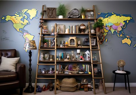 Creative Ways to Decorate Your Space with Travel Souvenirs - Malorie's Adventures Travel Corner Home Decor, Travel Souvenirs Display, Souvenir Wall, Souvenir Display, Unique Side Table, Vintage Suitcase, Functional Decor, Book Display, Travel Souvenirs