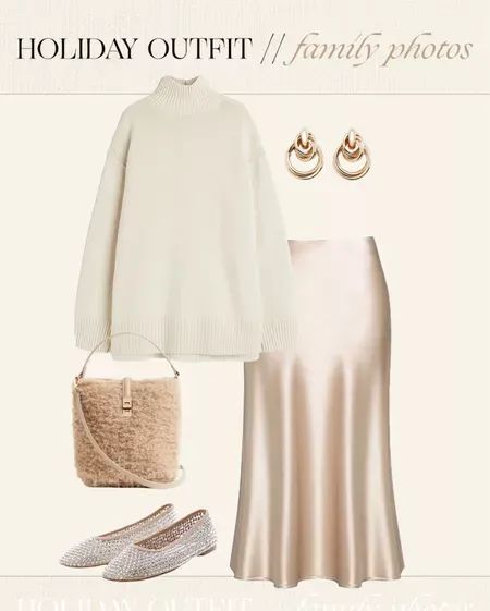 Holiday outfit idea for family photos ✨ This trendy satin skirt and sweater with ballet flats and a teddy bag is the perfect neutral beautiful outfit for your family photos this fall or winter! Cream Satin Skirt Outfit Winter, Taupe Satin Skirt Outfit, White Satin Skirt And Sweater, Winter Beige Flowy Skirt, Satin Skirt And Sweater, Satin Skirt With Knitwear, Teddy Bag, Skirt And Sweater, Winter Family Photos