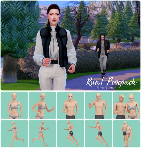 Sims 4 Run! Posepack - Mel Bennett Single Poses, Sims 4 Couple Poses, Running Pose, Sims 4 Stories, Sims 4 Piercings, Sims Stories, Sims 4 Family, Couple Running, Free Sims 4