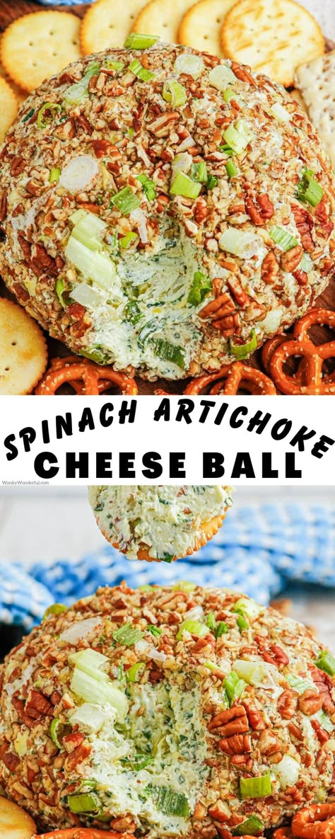 Make this SPINACH ARTICHOKE DIP CHEESE BALL for holidays, parties, barbecues or potlucks. A fun and easy appetizer that will surely be a crowd favorite. Spinach Artichoke Cheese Ball, Vegetarian Cheese Ball, Make Ahead Spinach Artichoke Dip, Spring Cheese Ball, Spinach Balls Appetizer, Baked Three Cheese Spinach Artichoke Dip, Simple Spinach Artichoke Dip, Baked Three Cheese Spinach Artichoke Dip Southern Living, Easy Thanksgiving Recipes Appetizers