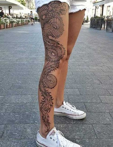 33 Meaningful Dragon Tattoo Design Ideas – 2019 Dragon Thigh Tattoo, Woman With Tattoos, Dragons Tattoo, Tattoo Placements, Dragon Tattoo For Women, Hip Tattoos Women, Leg Tattoos Women, Leg Sleeve Tattoo, Tattoo Girls