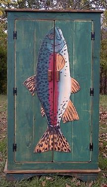 Media cabinet or armoire...either way the fish idea on the front is very fishy. Perfect for the lake house or the fishing family. Nice way to incorporate some functional art. #funart #fishart #fishing #armoire #mediacabinet #fishpainting #fishdecor #functionalart #lakehouse #lakehousedecor #nautical Deco Podge, Fish Prints, Painting Fish, Painted Fish, Painted Cabinet, Home Theaters, Picnic Baskets, Viborg, Storage Trunks