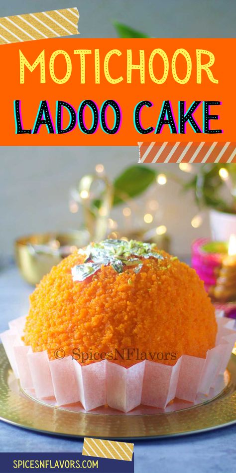 A popular Indian Dessert Motichoor Ladoo now in cake form. This Motichoor Ladoo Cake is the best Indian Fusion Cake recipe you can try this festive season Motichoor Ladoo Cake, Indian Birthday Cake, Indian Cake Recipe, Indian Cake Design, India Cakes, Baking Bread At Home, Easy Indian Dessert, Indian Cake, Powdered Food Coloring