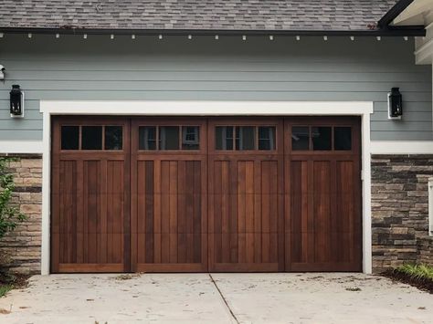 Double Garage Door, Carriage House Garage, Custom Garage Doors, Wood Garage, Residential Garage Doors, Bedroom Traditional, Gray House, Wood Garage Doors, Traditional House Plan