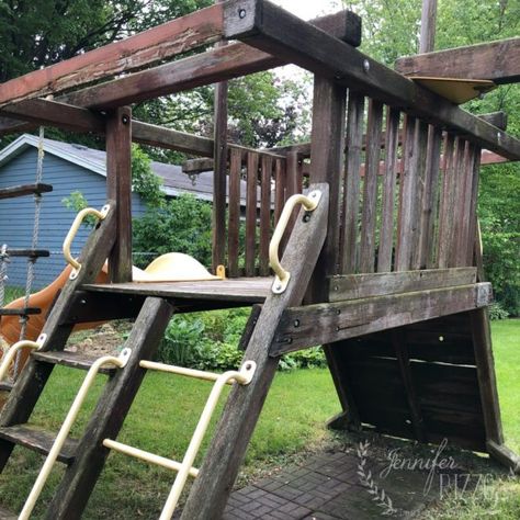 Wood Playset Makeover, Painting A Playset, Painting Outdoor Playset, Wooden Playset Makeover, Outdoor Playset Makeover, Refurbished Playset, Painted Playset, Restoring Wooden Playset, How To Restain Wood