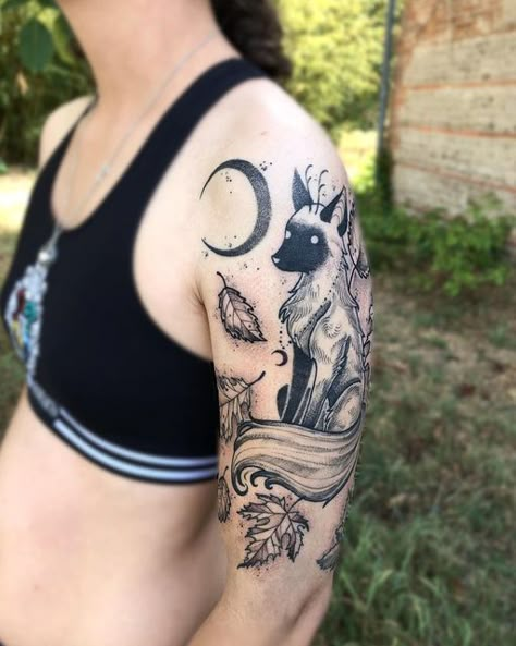 Spooky Fox Tattoo, Witchy Fox Tattoo, Matching Fox Tattoos, Fox With Horns, Big Cover Up Tattoos, James Tattoo, Antler Tattoo, Clover Tattoo, Character Customization