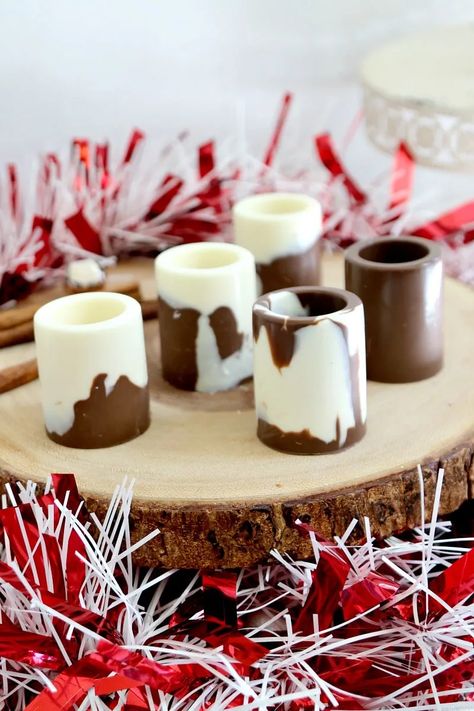 Shot Glass Mold Recipes, Chocolate Shooters, Appetizers For Party Bite Size, Eggnog Dessert Recipes, Shot Glass Desserts Recipes, Chocolate Shot Glasses, Edible Shot Glasses, Chocolate Shot, Shot Glass Mold