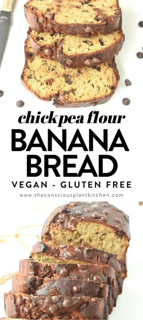 This chickpea flour banana bread is an healthy vegan gluten free banana bread recipe with a moist crumb and delicious crunchy chocolate chips.  Bonus, this is an oil free vegan banana bread too! Fluffy Banana Bread Recipe, Vegan Gluten Free Banana Bread, Chickpea Flour Recipes, Gluten Free Banana Bread Recipe, Vegan Banana Bread Recipe, Ripe Banana Recipe, Flours Banana Bread, Crunchy Chocolate, Vegan Breakfast Easy