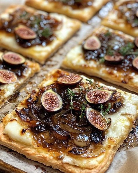 Recipes realm What To Make With Figs, Fig Recipes Appetizers, Poached Figs, Fig And Brie, Fig Brie, Onion Flatbread, Fig Appetizer, Fig Spread, Brie Puff Pastry