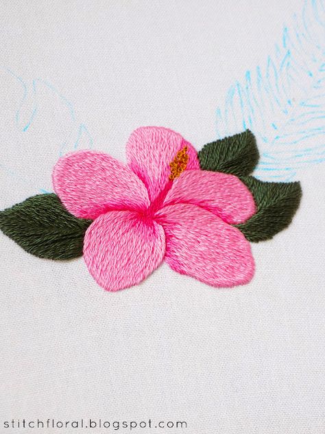 Hibiscus Flower Hand Embroidery, How To Embroider Hibiscus, Hibiscus Embroidery Pattern, Hibiscus Flower Embroidery, Embroidered Hibiscus, Hibiscus Embroidery, Hibiscus Leaves, Flower Machine Embroidery Designs, Spain Madrid