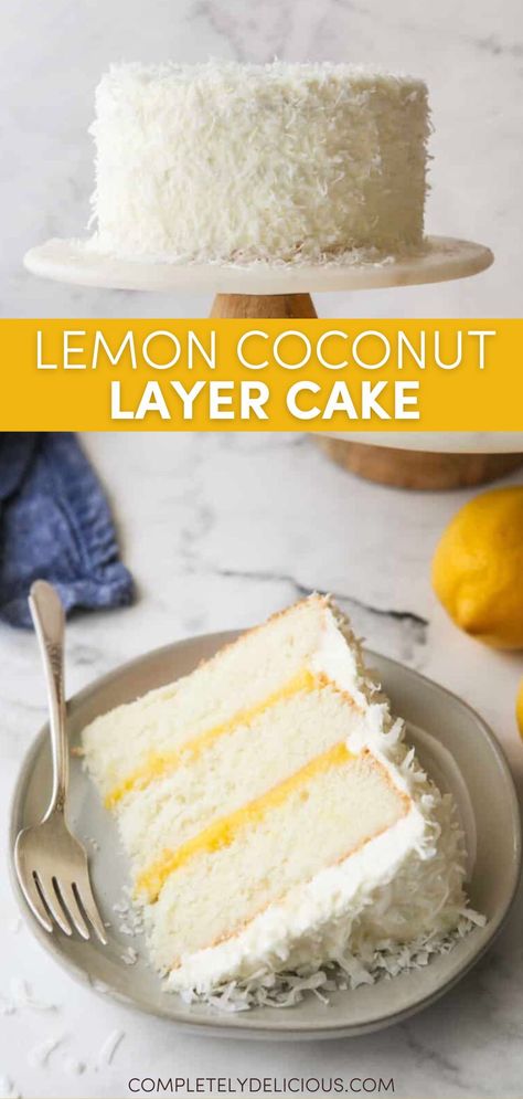 You’re sure to fall in love with this light lemon coconut cake made up of tender coconut cake layers, homemade zesty lemon curd, and velvety Chantilly cream frosting. This lemon coconut cake is one of my favorite things to make in the spring! | lemon and coconut cake recipe | lemon coconut layer cake | lemon coconut cake recipe easy | coconut cake with lemon curd filling | coconut and lemon dessert | lemon coconut desserts | layer cake recipe ideas | spring cake ideas | spring cake recipes Lemon Layer Cake, Coconut Cream Cheese, Coconut Cream Cheese Frosting, Layer Cake Filling, Lemon And Coconut Cake, Homemade Lemon Curd, 3 Layer Cakes, Lemon Layer Cakes, Coconut Cake Recipe