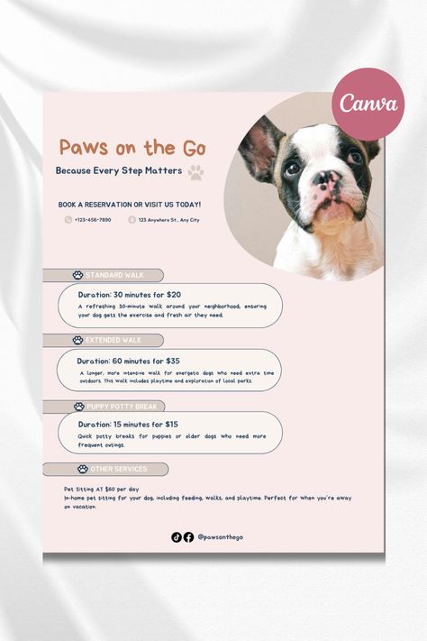 Transform your dog walking business with this customizable Canva template! Whether you're going to print your flyer or send it digitally, this versatile design offers endless possibilities and offers potential customers access in any form. Dog Walking Flyer Ideas, Pet Sitting Flyer, Dog Walking Flyer, Dog Sitting Business, Dog Walking Business, Printable Dog, Doggy Daycare, Fancy Dog, Dog Business