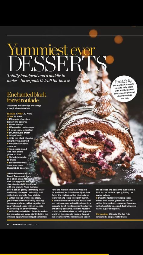 Chocolate Roulade Christmas, Chocolate Raspberry Yule Log, Black Forest Roulade, Black Forest Yule Log, Yule Log Cake Chocolate Raspberry, Chocolate Roulade, Roulade Recipe, Roll Cakes, Swiss Rolls