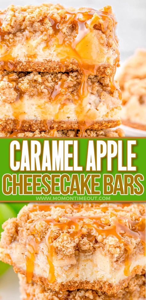 These Caramel Apple Cheesecake Bars are the perfect treat for fall! Layers of graham cracker crust, creamy cheesecake, sweetly spiced apples all topped with the perfect crumb topping. This easy apple dessert is perfect for fall, Thanksgiving and Christmas!  A dessert you are sure to “fall” in love with! // Mom On Timeout Desserts Easy Healthy, Healthy Thanksgiving Desserts, Flan Dessert, Apple Cheesecake Bars, Caramel Apple Cheesecake Bars, Fun Thanksgiving Desserts, Bite Size Food, Thanksgiving Desserts Easy, Caramel Apple Cheesecake