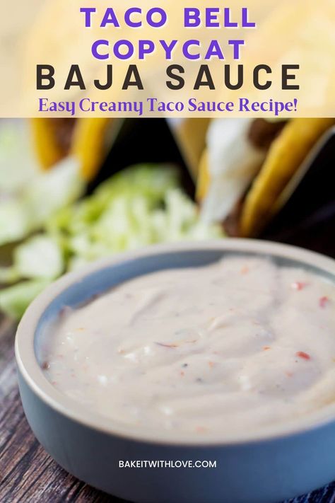 My Taco Bell creamy Baja sauce copycat recipe will satisfy your Taco Bell cravings without you ever having to leave the house! This dupe of their signature Baja sauce is just as good as the real thing. With a tiny bit of heat from the jalapeno and the perfect blend of herbs and spices, this delicious condiment tastes great on chips, quesadillas, burritos, and more! BakeItWithLove.com #bakeitwithlove #TacoBell #Bajasauce #copycat #sauce #TexMex #jalapeno Taco Bell Baja Sauce Recipe, Taco Bell Spicy Ranch Sauce, Tacobell Copycat Recipes, Santa Fe Sauce Recipe, Taco Bell Cheese Sauce, Baja Sauce Recipe, Taco Bell Baja Sauce, Taco Sauce Recipes, Taco Bell Sauce