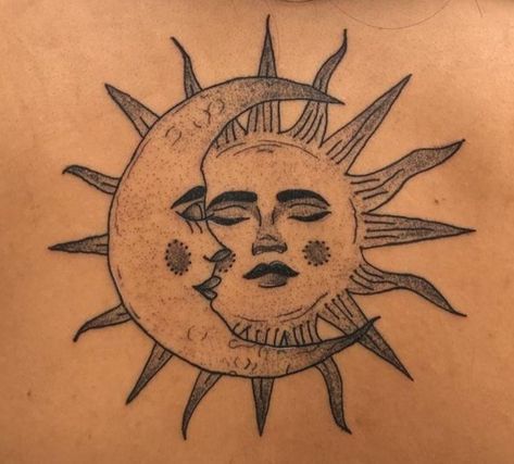 Sun Moon Tattoo Thigh, Woodcut Sun Tattoo, Sun On Back Tattoo, Mexican Sun And Moon Tattoo, Indie Henna, American Traditional Sun Tattoo, Tattoo Ideas Sun And Moon, Sun Tattoo With Face, Boho Sun Tattoo