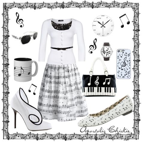 Musical Notes by apostolicchickie on Polyvore featuring Jane Norman, Glamorous, Chicwish, Music Notes and Sergio Rossi Music Teacher Outfits, Music Dress, Everyday Cosplay, Modest Style, Music Jewelry, Jane Norman, Music Accessories, Musical Notes, Music Fashion