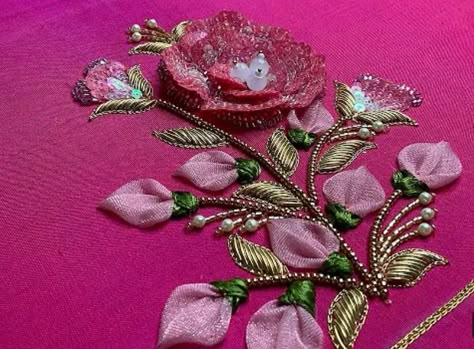 3d Flower Aari Work, 3d Work Embroidery Blouse, Brooches Blouse Design, Broach Design, Peacock Embroidery Designs, Diy Lace Ribbon Flowers, Aari Blouse, Ribbon Embroidery Tutorial, Hand Beaded Embroidery