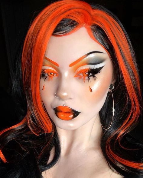 690 Likes, 8 Comments - Rouge & Rogue™ (@rouge.and.rogue) on Instagram: “⚡️ @vocallyshook got the voltage running through her skin in 'SLAYER' ⚡️” Circus Makeup, Monster Makeup, Electric Orange, Creepy Halloween Makeup, Orange Makeup, Goth Model, Eye Makeup Designs, Halloween Costumes Makeup, Gothic Makeup