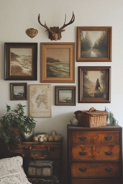 "Curate a Vintage-Inspired DIY Gallery Wall! 🖼️✨ Mix and match frames and artwork for a timeless, eclectic look. Perfect for adding character and charm to your home! 🏡🌟 #GalleryWall #VintageDecor #DIYProjects" Rustic Farmhouse Gallery Wall, Gallery Wall Antique Frames, Gallery Wall On Wallpaper, Antique Photo Wall, Wood Frame Gallery Wall, Gallery Wall Rustic, Vintage Frame Wall, Vintage Art Gallery Wall, Gallery Wall Vintage