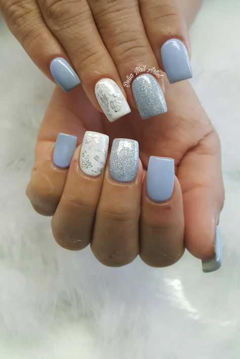 Blue Grey And White Nails, Icy Blue And White Nails, White And Blue Dip Nails, Winter Blue Nails Dip Powder, White Silver And Blue Nails, Pale Blue And Silver Nails, Prom Nail Designs Silver, I’ve Blue Nails, Sky Blue Gel Nails