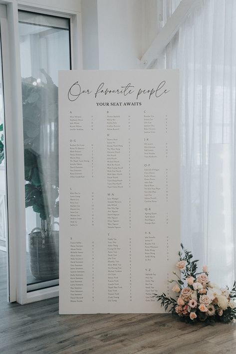 A seating chart for your favourite people! Photography 📸 Silas Chau Our Favourite People Seating Chart, Find Your Seat Wedding Ideas, Welcoming Board, Bramleigh Estate, Simple Wedding Cards, Reception Signage, Wedding Welcome Board, Table Seating Chart, New Years Wedding