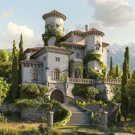 Castle Plans Layout, Storybook Mansion, Ethereal Castle, Mediterranean Castle, Italian Villa Interior, Spanish Castle, European Manor, Tuscany House, Castle Exterior