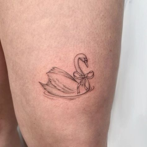 Swan Dive Tattoo, Swan Fine Line Tattoo, Lionhead Rabbit Tattoo, Swan Tattoo Aesthetic, Dainty Swan Tattoo, Matching Swan Tattoo, Black And White Swan Tattoo, Barbie Swan Lake Tattoo, Swan Tramp Stamp